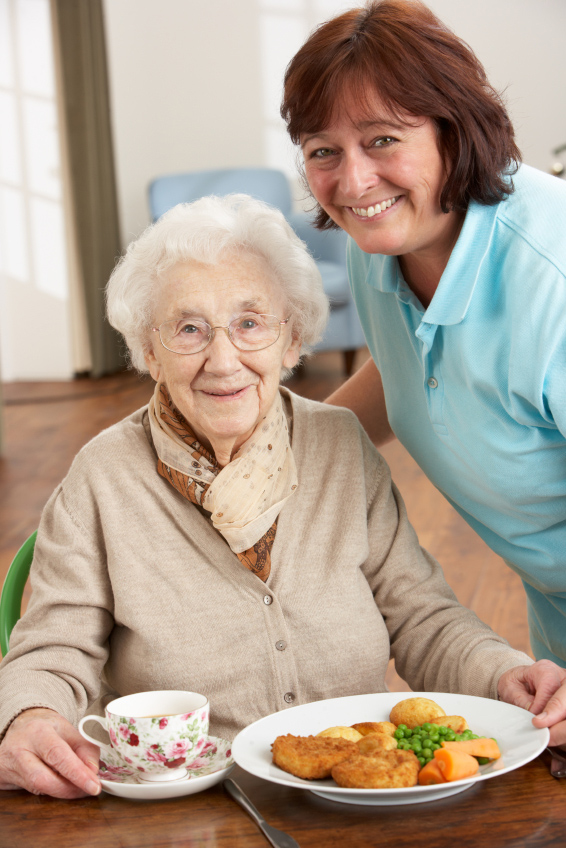 Senior Woman Being Served Meal By Carer